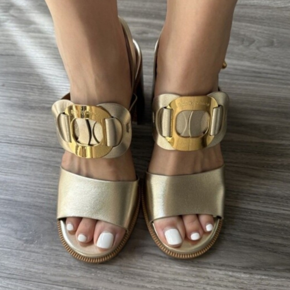 See By Chloe Sandals 10.5 Golden Leather Chany Heeled Logo Made Spain New $495